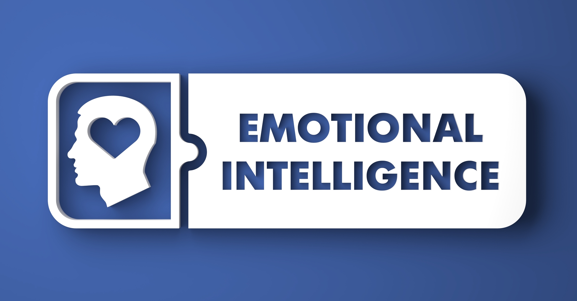 Emotional Intelligence Concept. White Button on Blue Background in Flat Design Style.